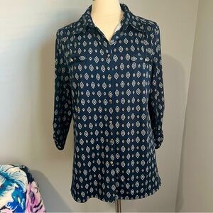 Always Indigo 1X Navy Geometric Button Down Roll Tab Sleeve Blouse